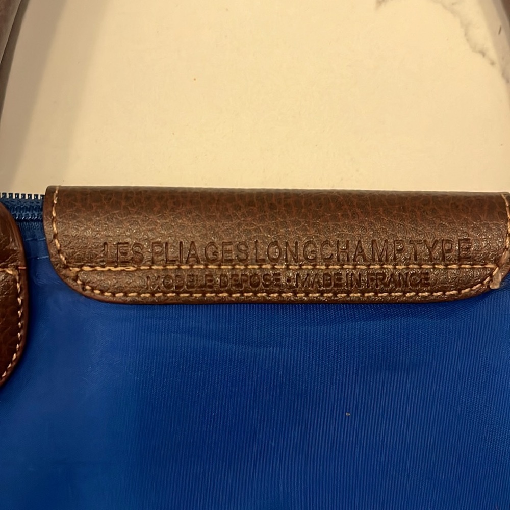 Small Longchamp Blue/Brown Nylon and Leather Le Pliage Tote - Picture 4 of 12